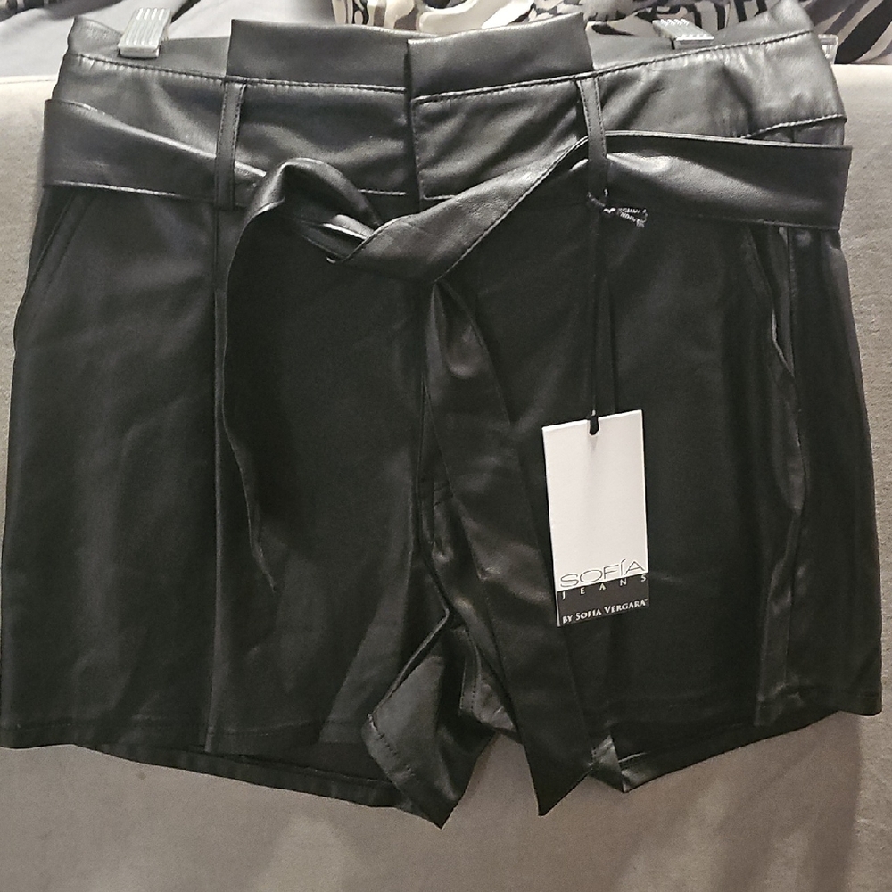 sofia by sofia vergara Black Faux Leather Tie-Waist High Waist Shorts